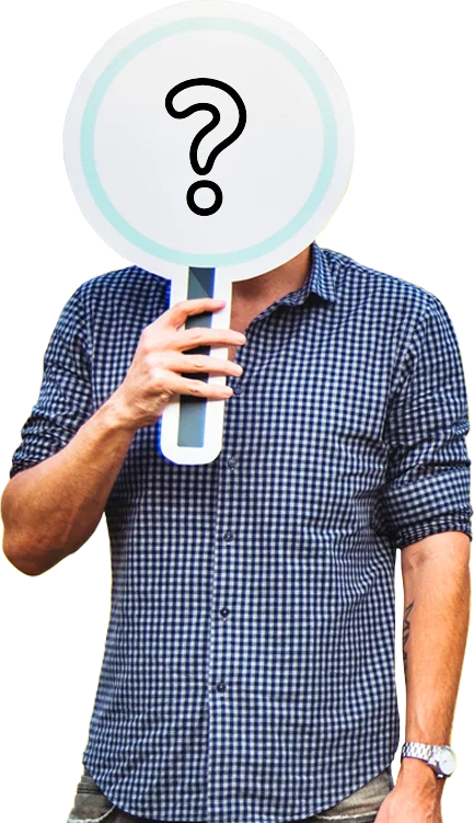 Person holding a large question-mark sign